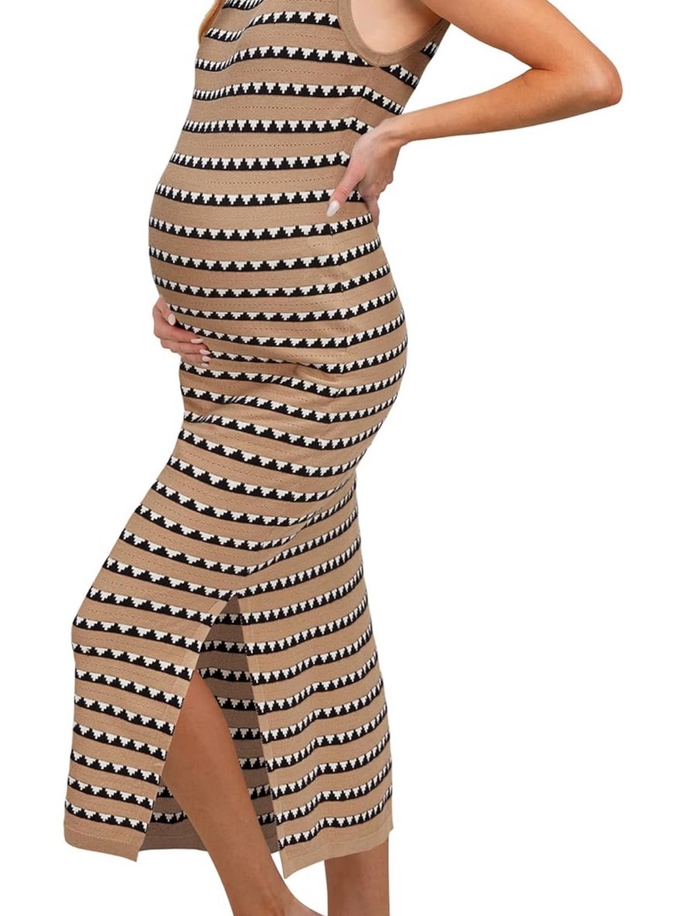 Sleeveless Tan and Black Striped Knit Dress